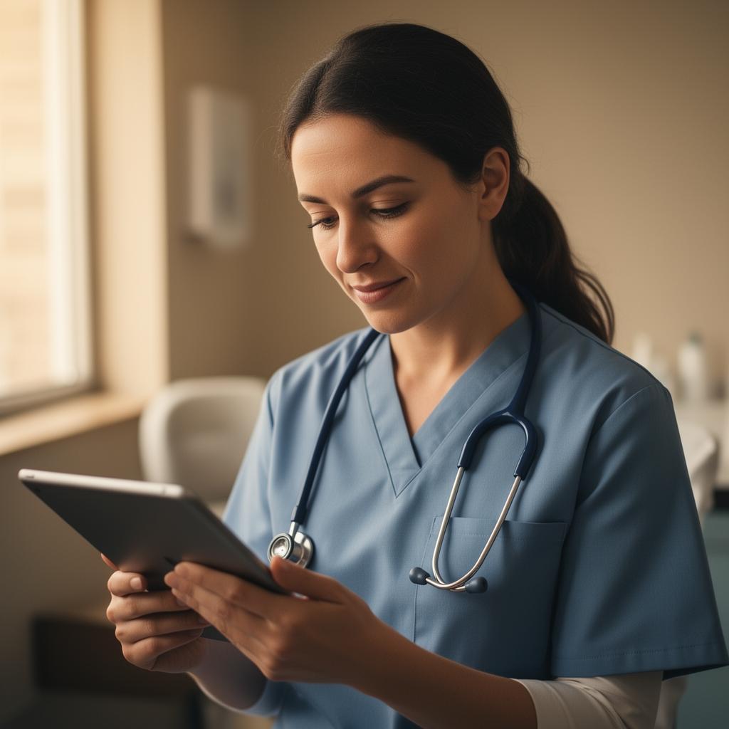 A clinician in soft natural light, holding a tablet.