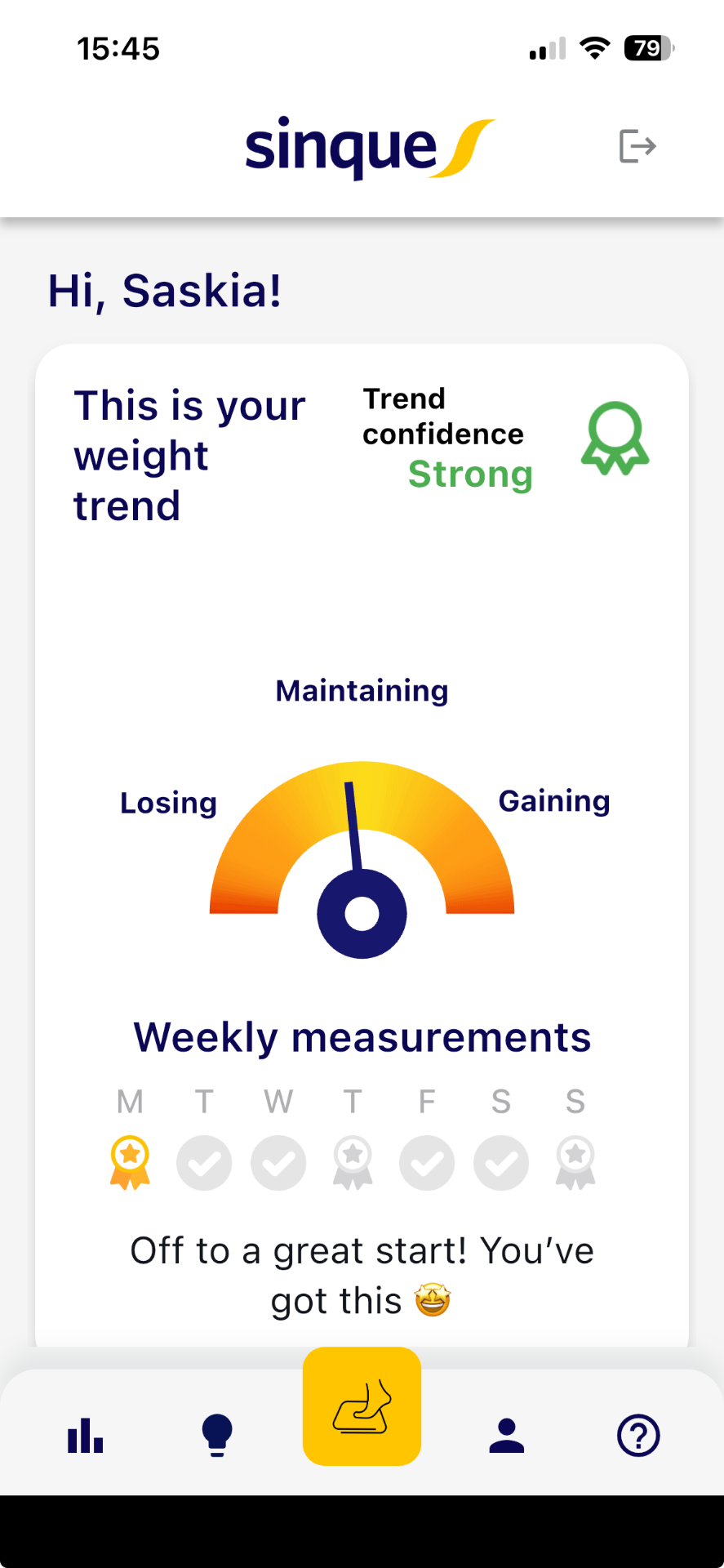 Sinque app — weight trend dashboard